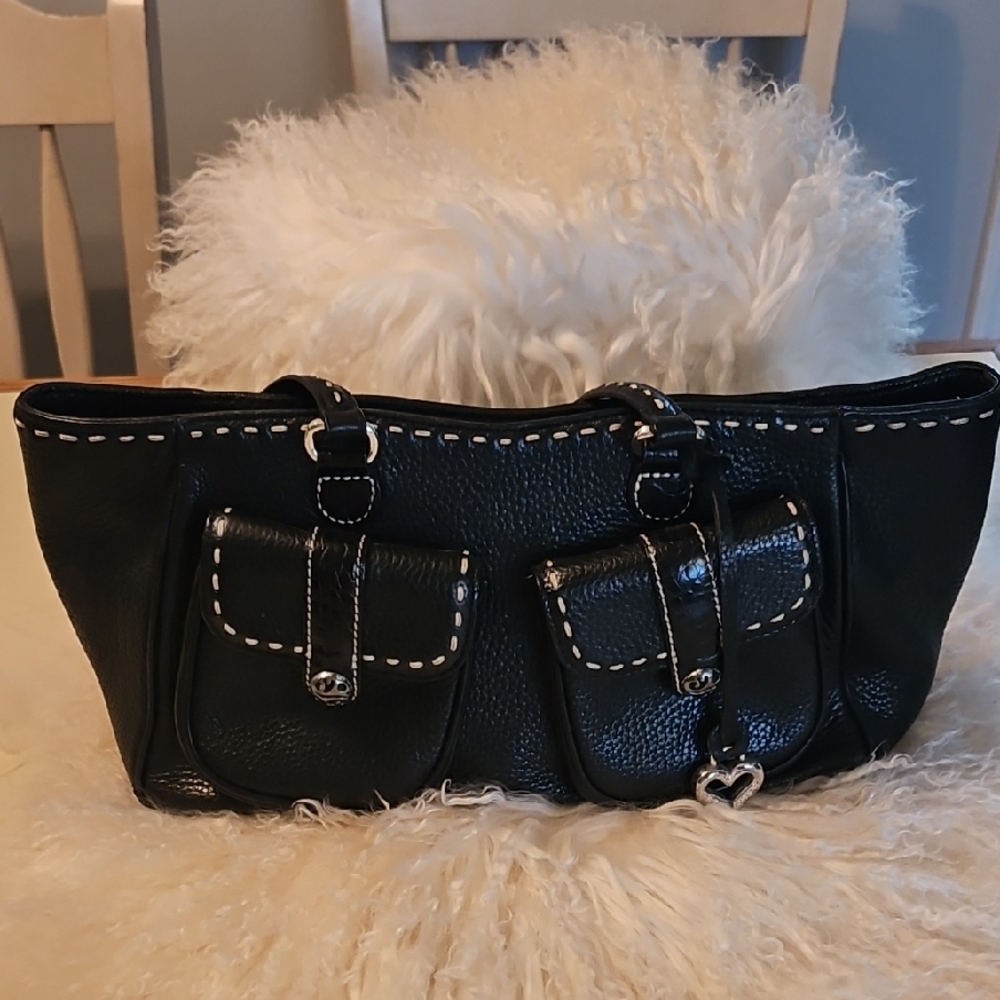 BRIGHTON Black Leather Handbag with Cream Accent Stitching